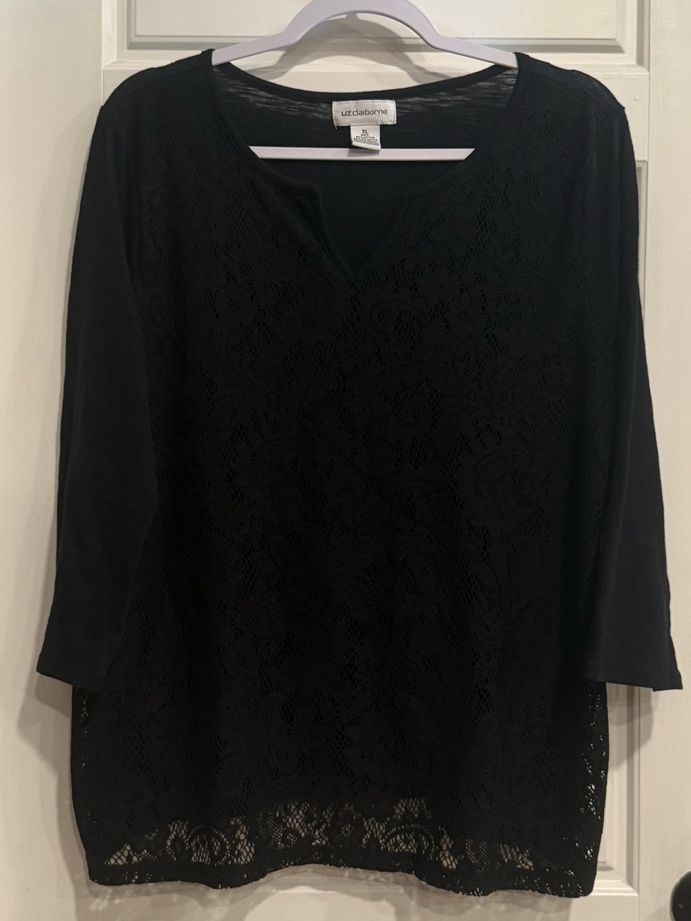 Liz Claiborne Women’s XL Black Lace Front 3/4 Sleeve Tunic Top Cotton Blend